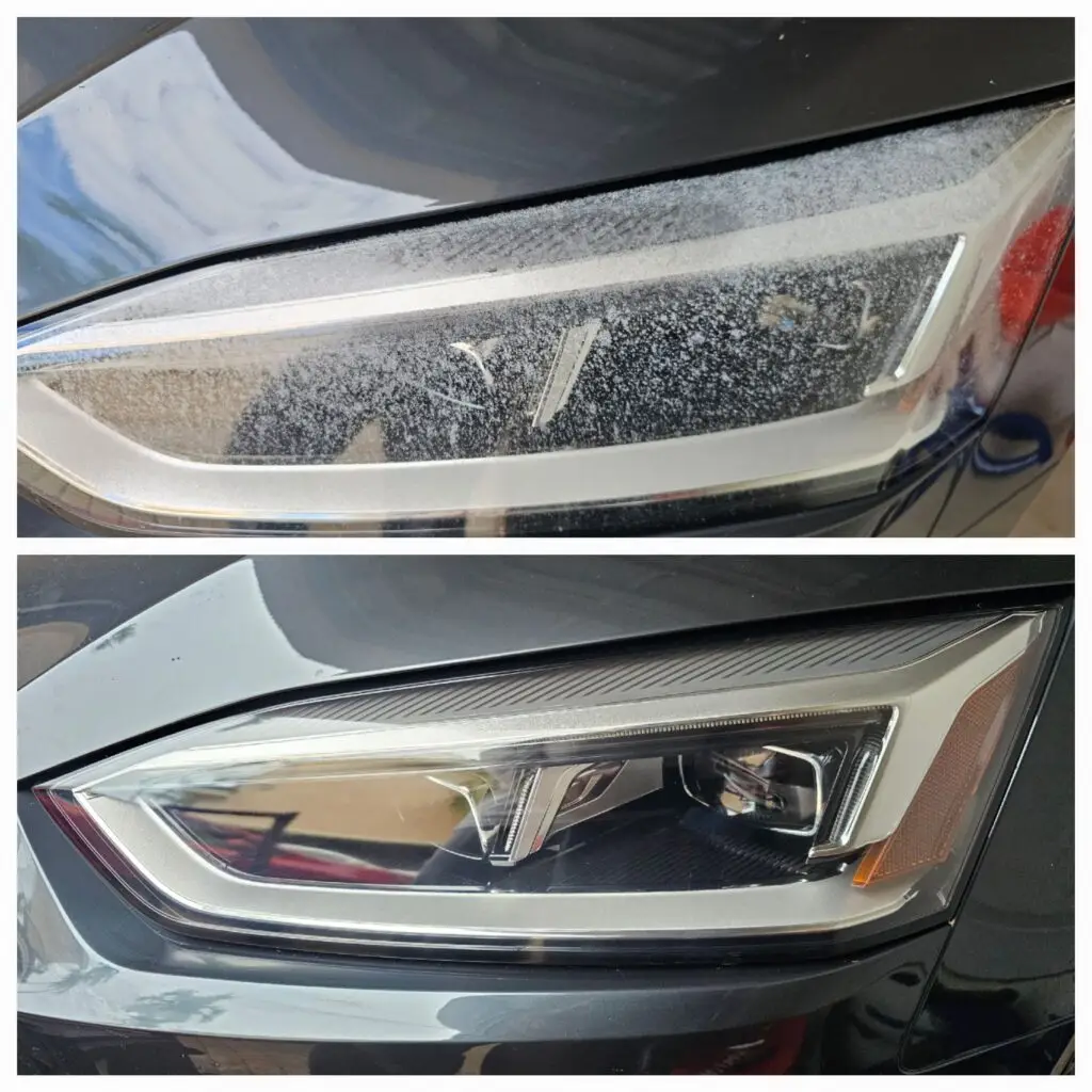 Before and after image showing a car's headlight restoration by Broward Headlight Restoration. The top image displays a cloudy and dull headlight, while the bottom image shows a clear and polished headlight, restored to like-new condition.
