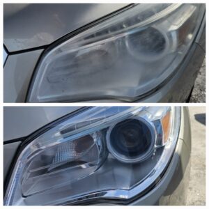 Before and after image showing a car's headlight restoration by Broward Headlight Restoration. The top image displays a cloudy and dull headlight, while the bottom image shows a clear and polished headlight, restored to like-new condition.